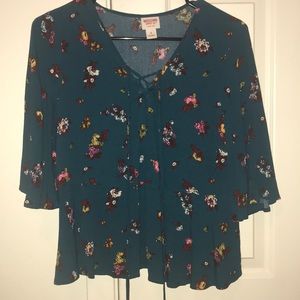 Blue Floral Lace Up Top with Slight Peplum